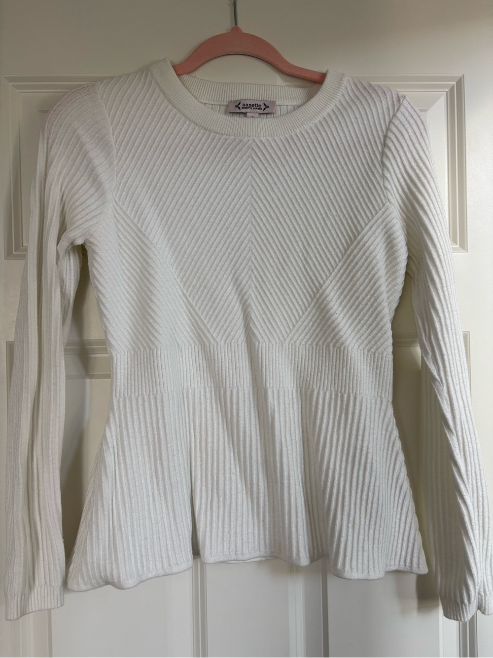 Nanette Lepore White Ribbed Peplum Long Sleeve sweater